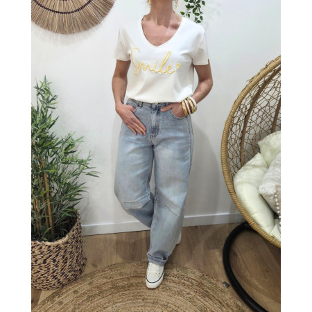 T-Shirt femme blanc broderie smile jaune