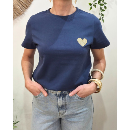 T-Shirt femme bleu marine broderie coeur doré