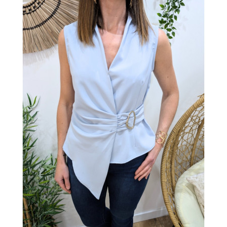 Top effet cache-coeur femme bleu