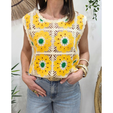 Top femme crochet jaune et vert 