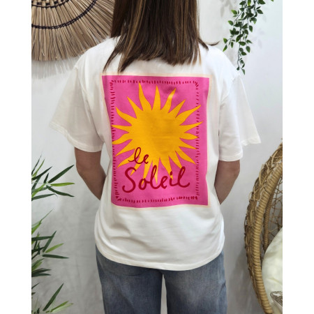 T-shirt femme blanc le soleil rose et jaune