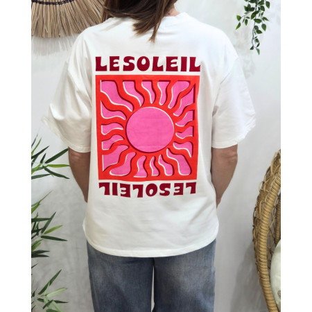 T-shirt femme blanc le soleil rose et rouge