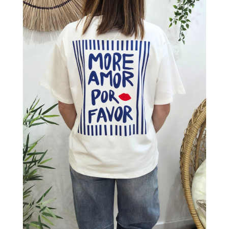 T-shirt femme blanc more amor por favor bleu