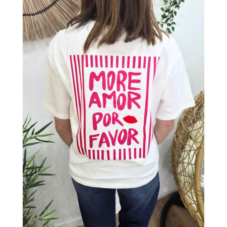 T-shirt femme blanc more amor por favor rose