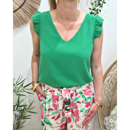 Top femme uni vert manches volantes