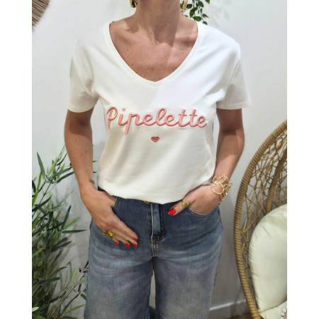 T-Shirt femme blanc broderie pipelette rose poudré