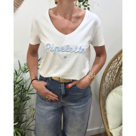 T-Shirt femme blanc broderie pipelette bleu ciel