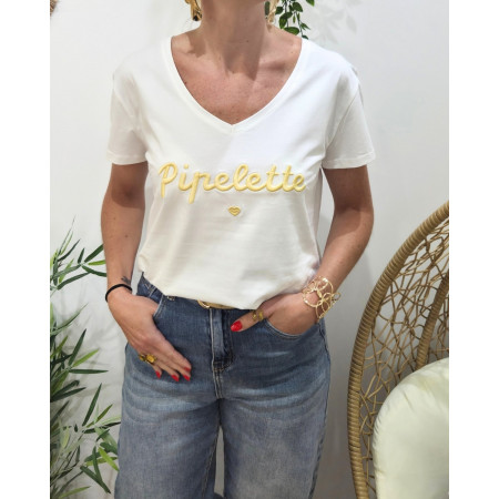 T-Shirt femme blanc broderie pipelette jaune