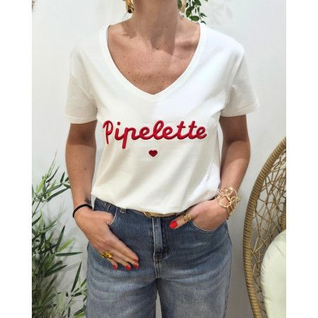 T-Shirt femme blanc broderie pipelette rouge
