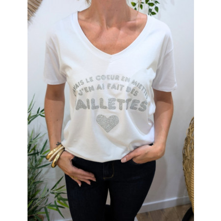 T-Shirt femme blanc j'avais le coeur en miettes j'en ai fait des paillettes argent