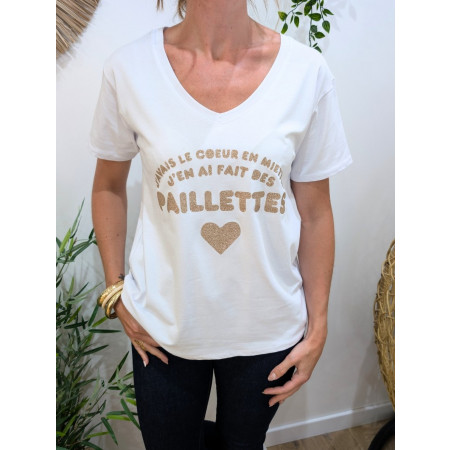 T-Shirt femme blanc j'avais le coeur en miettes j'en ai fait des paillettes doré