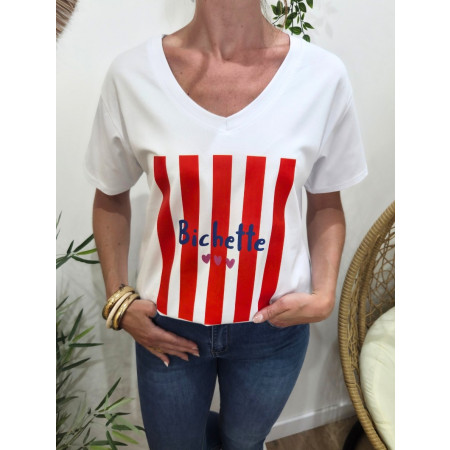 T-Shirt femme blanc bichette rayures rouges