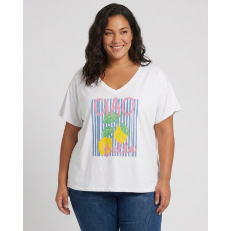 T-Shirt femme blanc citrons Ciao Bella rayures bleues
