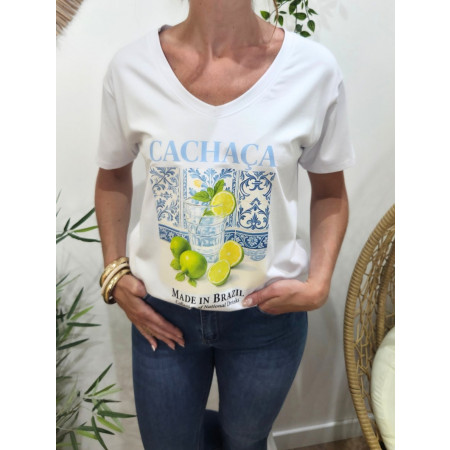 T-Shirt femme blanc Cachaca bleu et vert