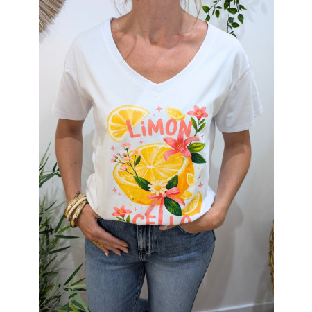 T-Shirt femme blanc Limon Cello jaune fleurs roses