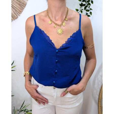 Top femme bleu électrique à bretelles décolleté dentelle et boutons