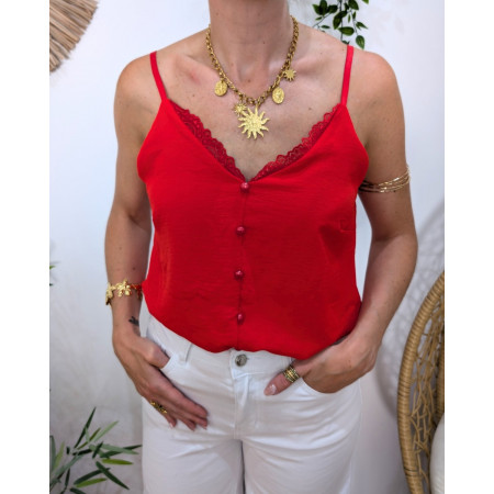 Top femme rouge à bretelles décolleté dentelle et boutons