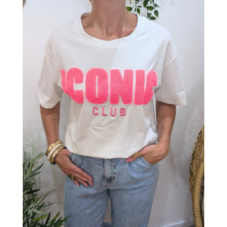 T-shirt femme blanc et rose fuchsia Iconic club 