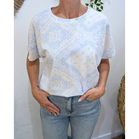 T-shirt femme blanc motifs baroques bleu ciel Severina