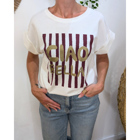 T-Shirt femme écru ciao bella doré rayures bordeaux