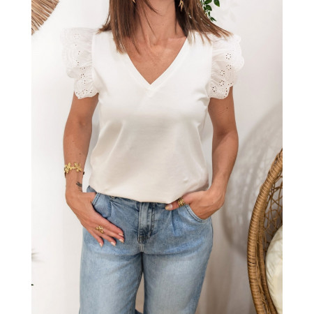 T-shirt femme uni blanc manche volante brodée Iryna