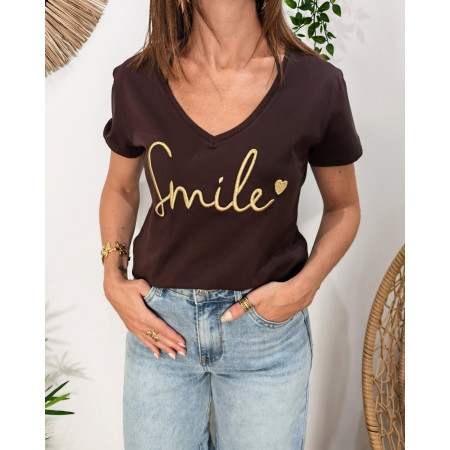 T-Shirt femme marron broderie smile doré