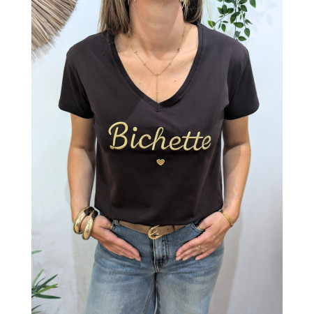 T-Shirt femme marron broderie bichette doré