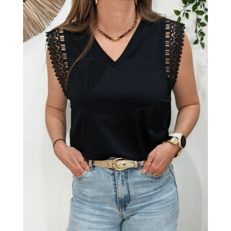 Top femme noir manches brodées Zaira
