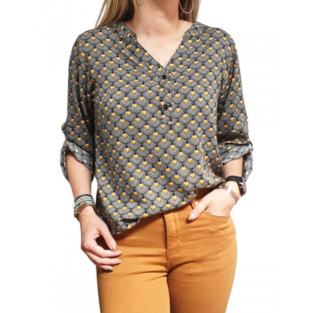 Tunique noire motifs éventails fleuris blancs et moutardes 