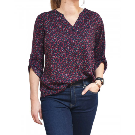 Tunique marine petites fleurs bordeaux fuchsia et vertes