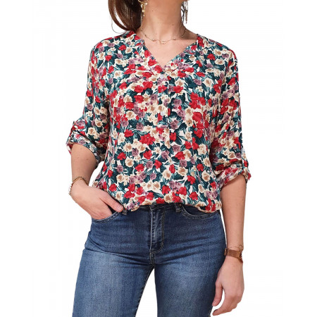 Tunique blanche bouquet de fleurs rouges parmes beiges