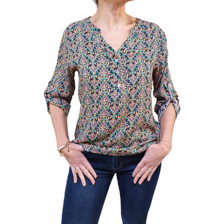 Tunique marine fleurs royales oranges jaunes et vertes