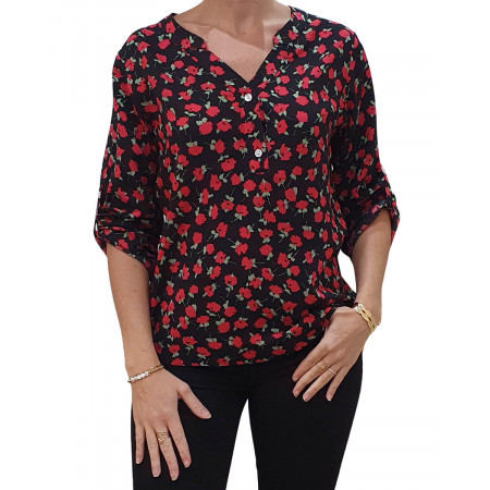 Tunique noire fleurs rouges