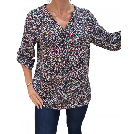 Tunique noire petites fleurs blanches, moutardes et bordeaux