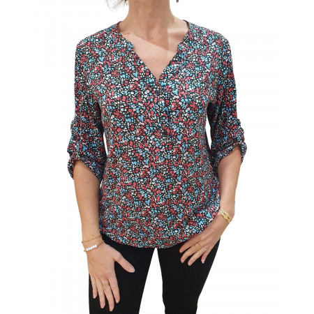 Tunique noire petites fleurs blanches, roses et bleues