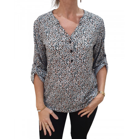 Tunique noire petites fleurs blanches, briques et bleues