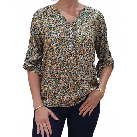 Tunique kaki imprimé floral blanc, marron, jaune et bleu