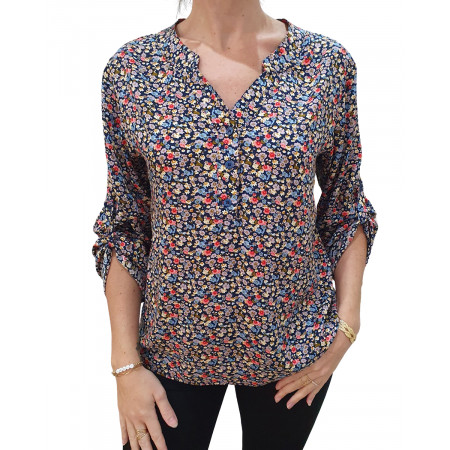 Tunique marine imprimé floral mauve, jaune, rose et bleu