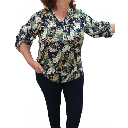 Tunique marine à fleurs tropicales jaunes blanches et vertes