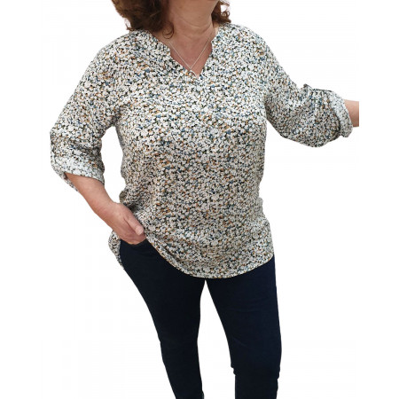 Tunique blanche à motifs camels verts et bleus