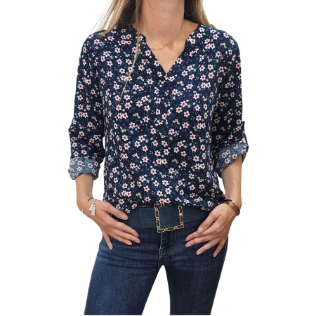 Tunique bleue marine à petites fleurs blanches