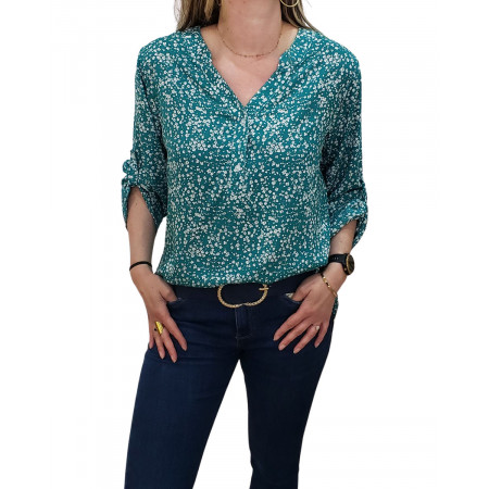 Tunique femme verte à petites fleurs blanches
