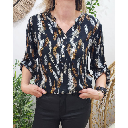 Tunique femme noire plumes camel et blanches