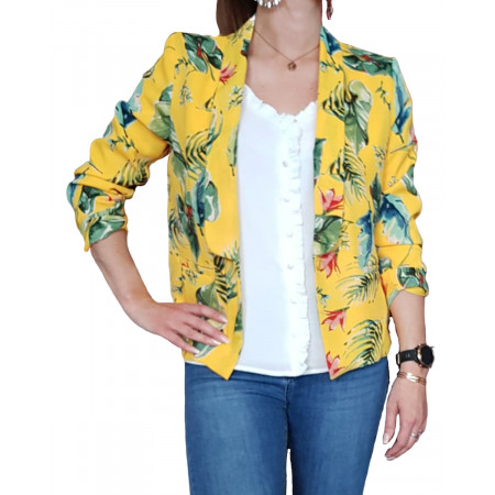 Veste tailleur femme légère jaune feuillage exotique vert
