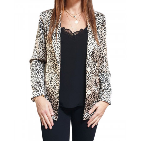 Veste tailleur beige imprimé léopard effet satiné