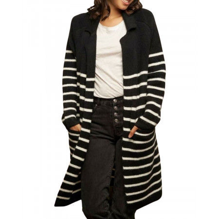 Veste longue noire à rayures blanches poches plaquées