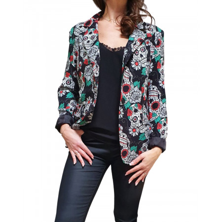 Veste blazer noire têtes de mort mexicaines et grosses fleurs blanches rouges vertes