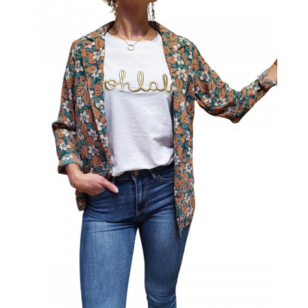 Veste tailleur légère verte feuilles briques beiges et bleues