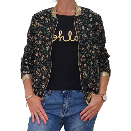 Bombers femme noir feuillage fin et petites fleurs beiges