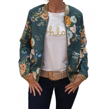 Bombers vert imprimé floral rose, blanc et bleu